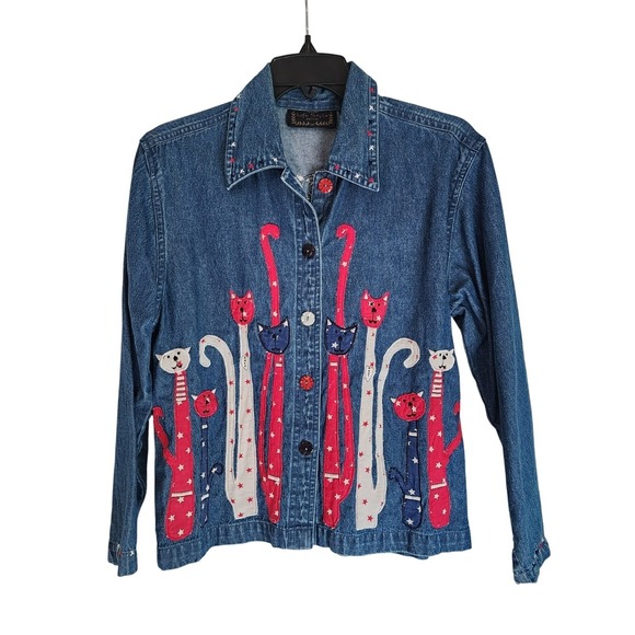 Life Style Jackets & Blazers - Vintage Life Style Petite PP Patriotic Cat Embroidered Denim Jacket USA Novelty